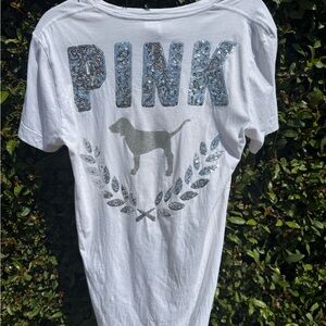 PINK Victoria's Secret White Sequin Logo Dog Graphic Tee